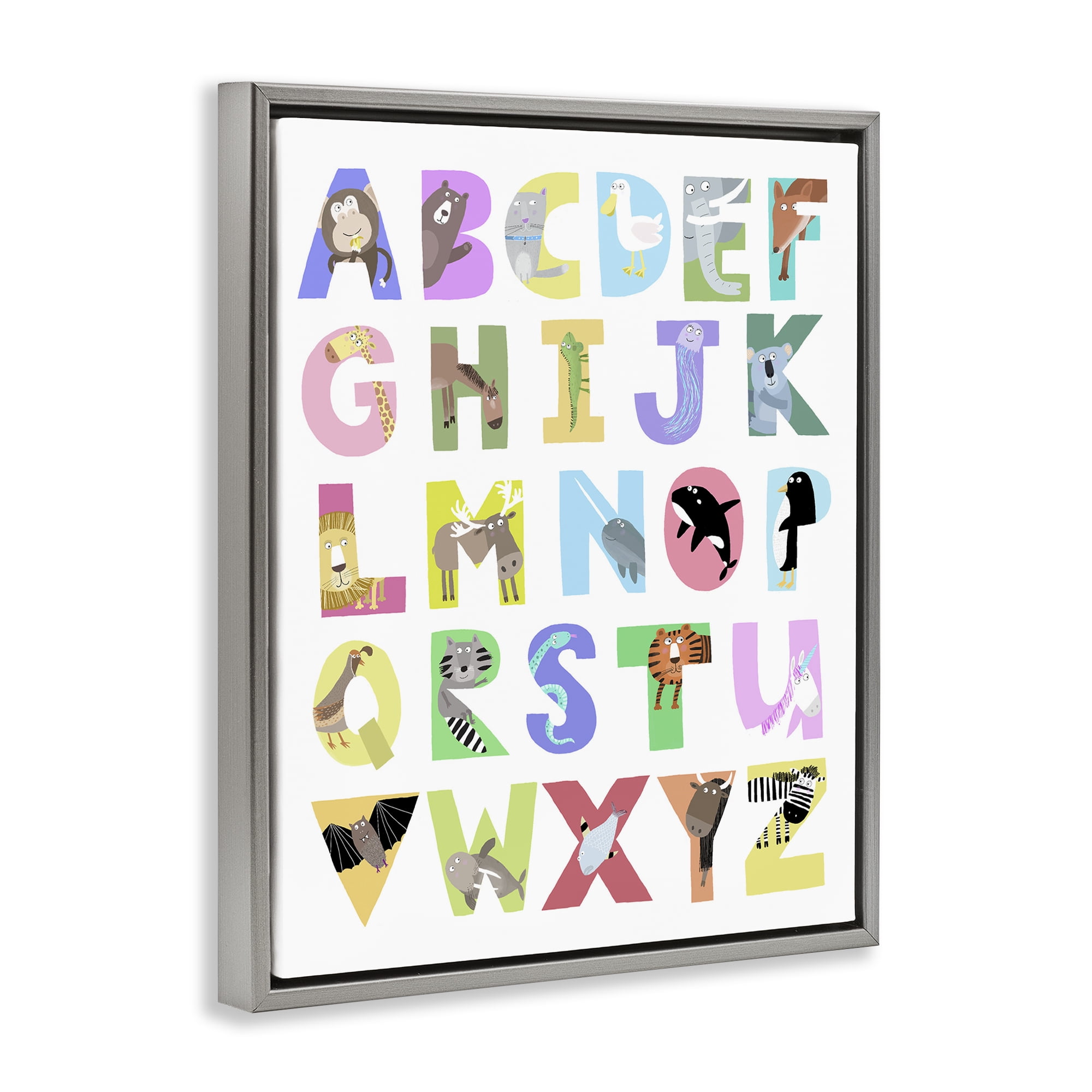 Stupell Industries Alphabet Shapes with Animals Gray Framed Floater Canvas Wall Art, design by Carla Daly