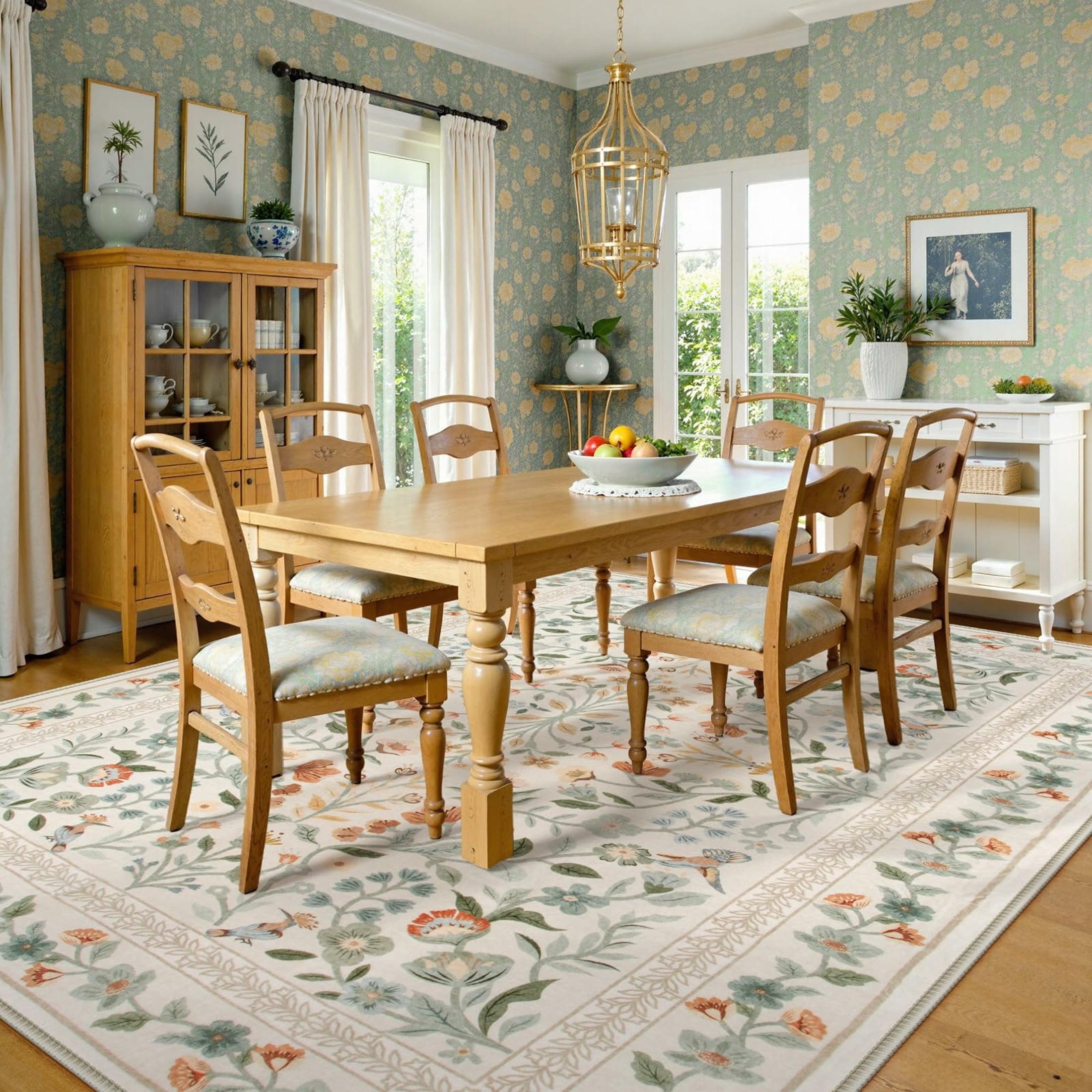 Moynesa 8'x10' Floral Area Rugs for Living Room, Washable Large Vintage Botanical Rugs for Bedroom, Soft Non Slip Cottagecore Flower Accent Carpet for Dining Room Dorm Apartmen, Beige