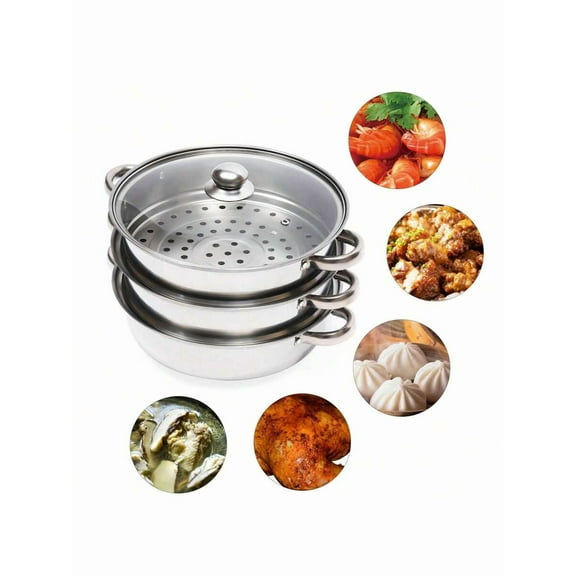 3-Tier Stainless Steel Steamer Steamer Pot, 28CM Cooking Multipurpose Cookware Pot For Steaming, Boiling,Multi-Functional Stackable Multilayer Food, Vegetable Steamer Cookware Pot