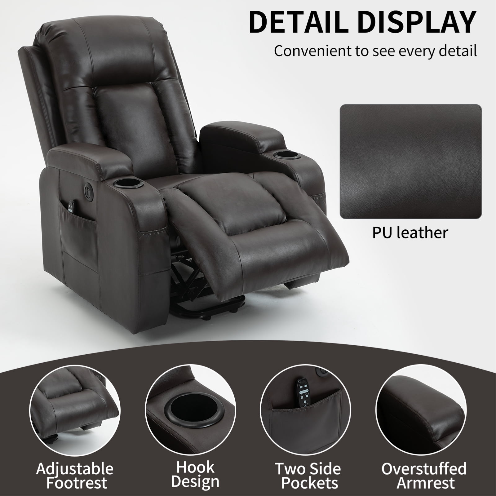 Gewnee Power Lift Recliner Chair,Lift Chair with Heat and Massage,Adjustable PU Leather Recliner with USB,Cup Holders & Side Pockets for Living Room or Bedroom.Brown