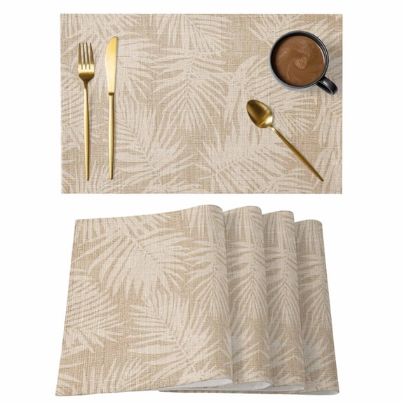 Tropical Palm Leaves Placemats Set of 6, Boho Brown Linen Nature Summer Non-Slip Place Mats Washable Table Mats for Kitchen Dining Table Decorations Indoor/Outdoor