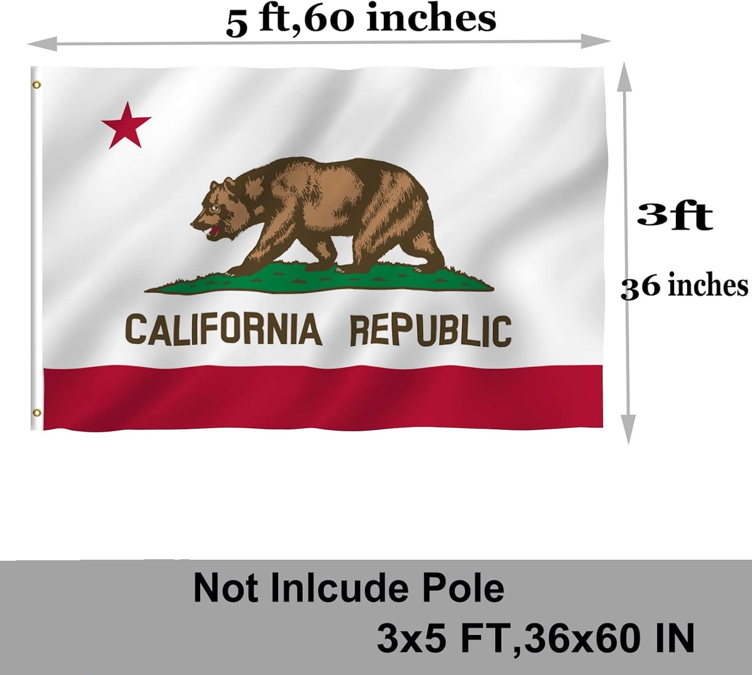 California Republic State Flag 3x5 Outdoor Double Sided California Bear Flags CA State Flag State of California Flags Polyester with 2 Brass Grommets Decor for Indoor Outside Wall Room