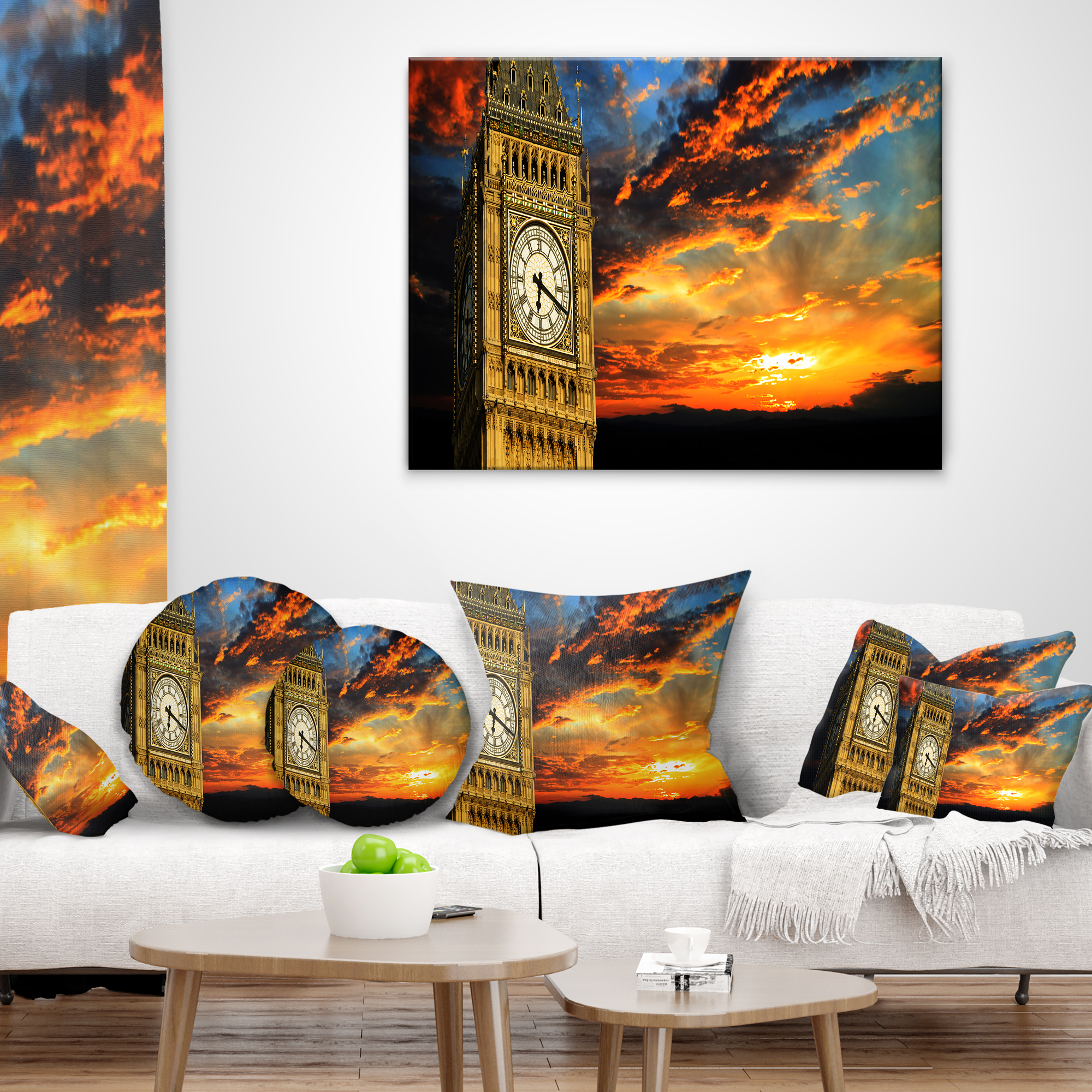 Designart Big Ben UK London at Sunset Panorama - Landscape Printed Throw Pillow - 18x18