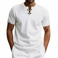 thumbnail image 1 of Blusas y camisas de manga corta con cuello en V para hombre, blusas versátiles de color liso con cordón y cuello en V de manga corta, abrigo de poliéster para hombre, 1 of 8