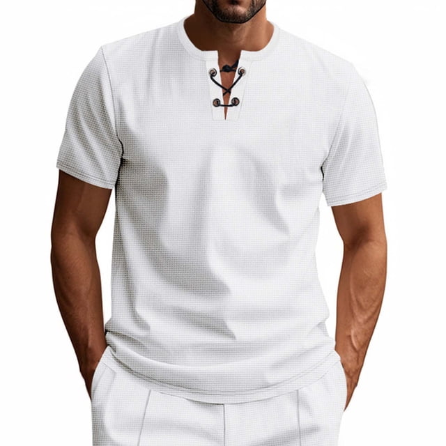 Blusas y camisas de manga corta con cuello en V para hombre, blusas versátiles de color liso con cordón y cuello en V de manga corta, abrigo de poliéster para hombre