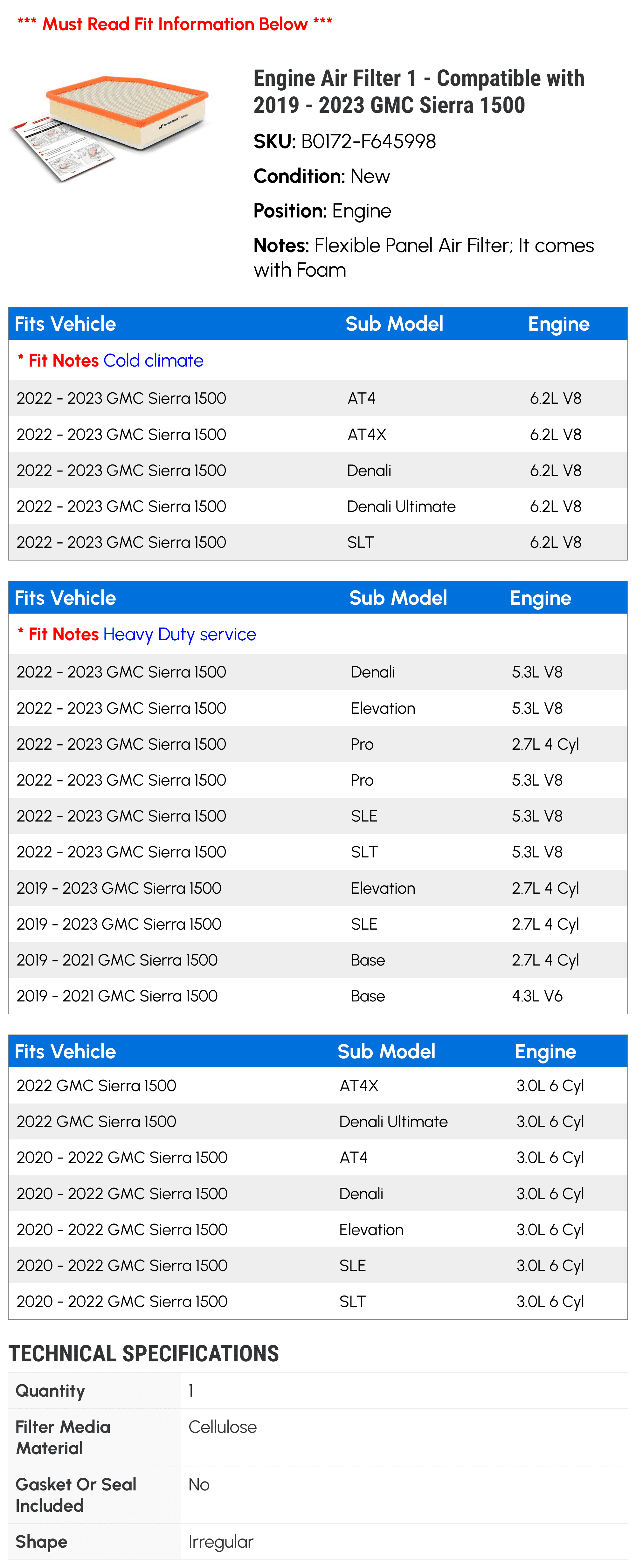 Engine Air Filter 1 - Compatible with 2019 - 2023 GMC Sierra 1500 - Autopart Premium