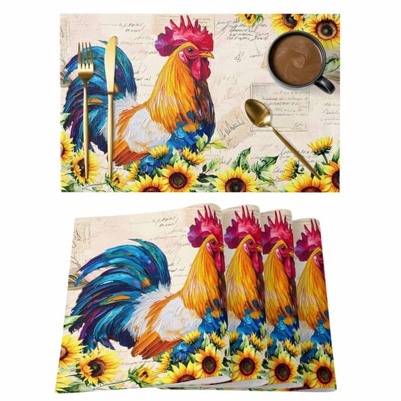 Farmhouse Rooster Placemats Set of 6, Vintage Botanical Sunflower Floral Placemats for Dining Table, Place Mats for Kitchen Tabletop, Waterproof Wipeable Dining Table Mats Set
