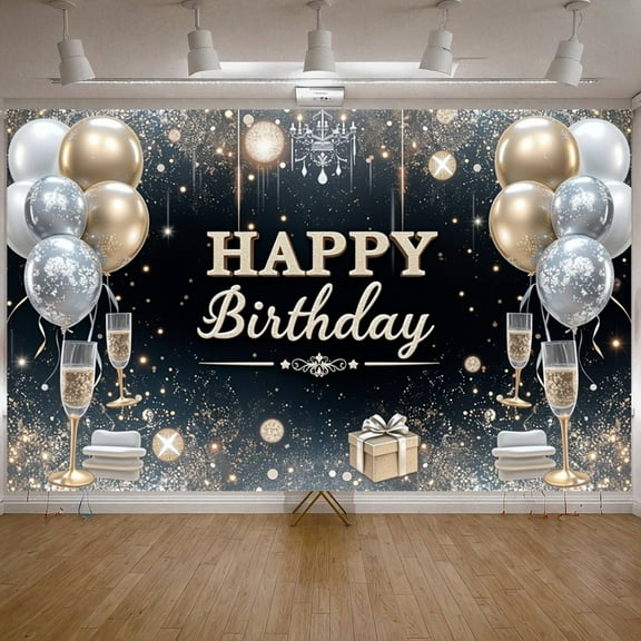 Gold Silver Theme Banner Glittery Design Birthday Party Backdrop Luxury Style Black Background Celebration Display for Birthday Party Adult Celebration Indoor Decoration