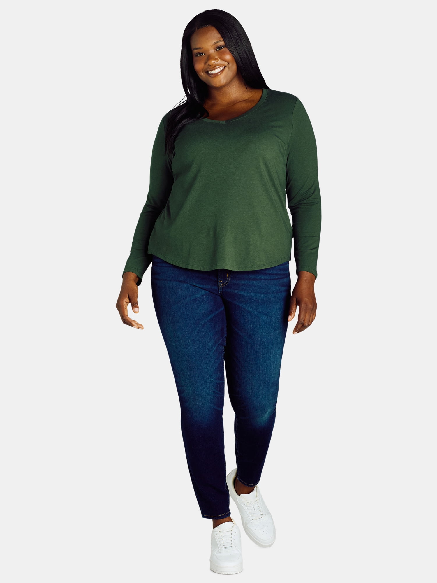 Terra & Sky Women’s Plus V Neck Tee with Long Sleeves, Available in 1 and 3-Packs, Sizes 0X-5X