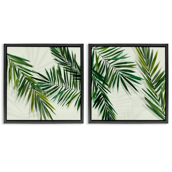 Stupell Industries Palm Fronds over Neutral Plants & Flowers Painting Black Floater Framed Canvas Art Print Wall Art, 18 x 18, Set of 2