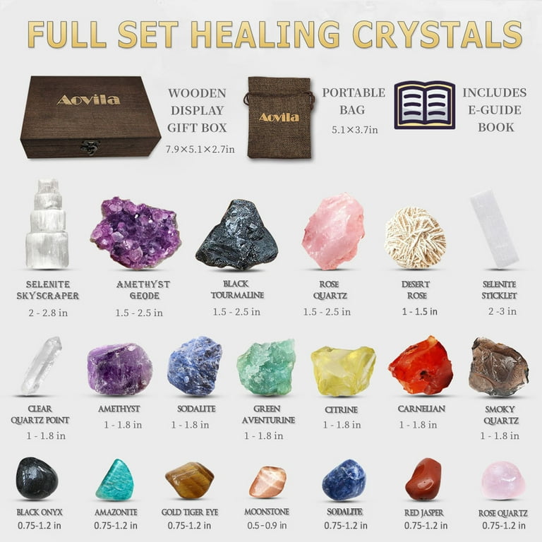 Crystals and Healing Stones Set in Wooden Box 20 PCs Healing Crystals Kit  Contains Unique Desert Rose, Amethyst Crystal, Rose Quartz Crystal,etc, 7