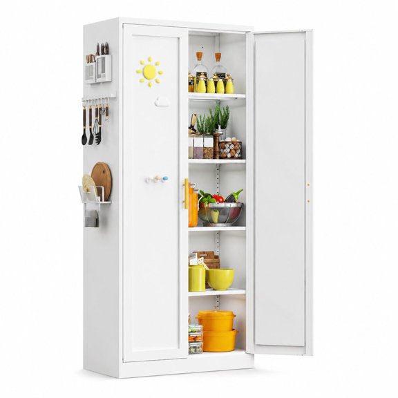 Freestanding 71 Inch Tall White Metal Pantry Cabinet with 4 Adjustable Shelves and Doors, Storage Cabinet for Kitchen, Living Room, Dining Room, Bathroom, Easy Assembly
