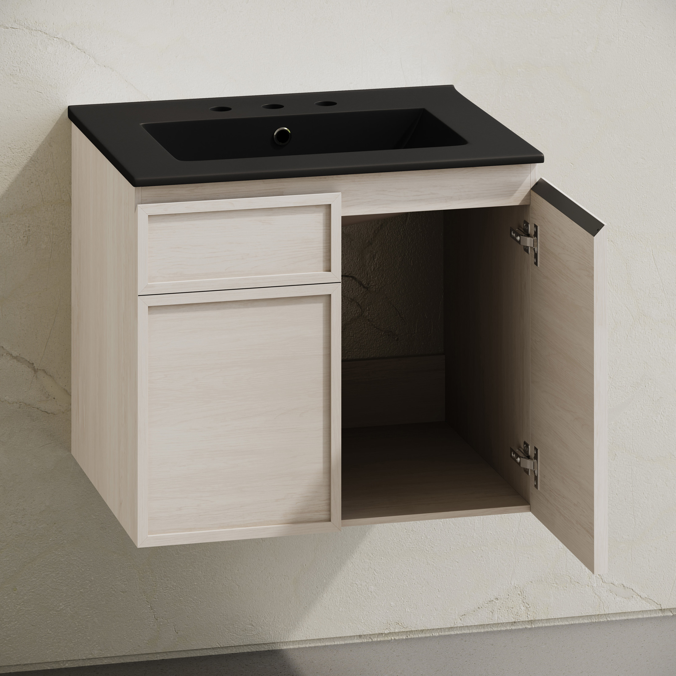 St. Tropez 24" Wall-Mounted Bathroom Vanity in White Oak with Black 3-Hole Widespread Sink Top