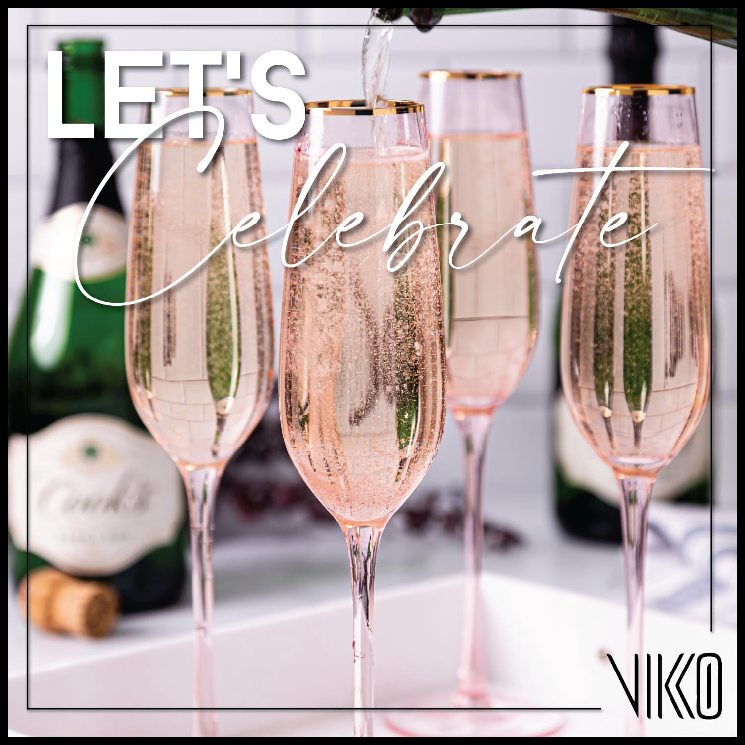 Vikko Champagne Flutes, 8.5 Ounce Toasting Champagne Flute, Pink with Gold Rim Crystal Clear Champagne Glasses, Set of 4 Elegant Sparkling Wine Glasses