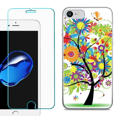 For Apple iPhone SE 2020 Case, Slim-Fit TPU Phone Case, with Tempered Glass Screen Protector, by OneToughShield ® - Colorful Tree