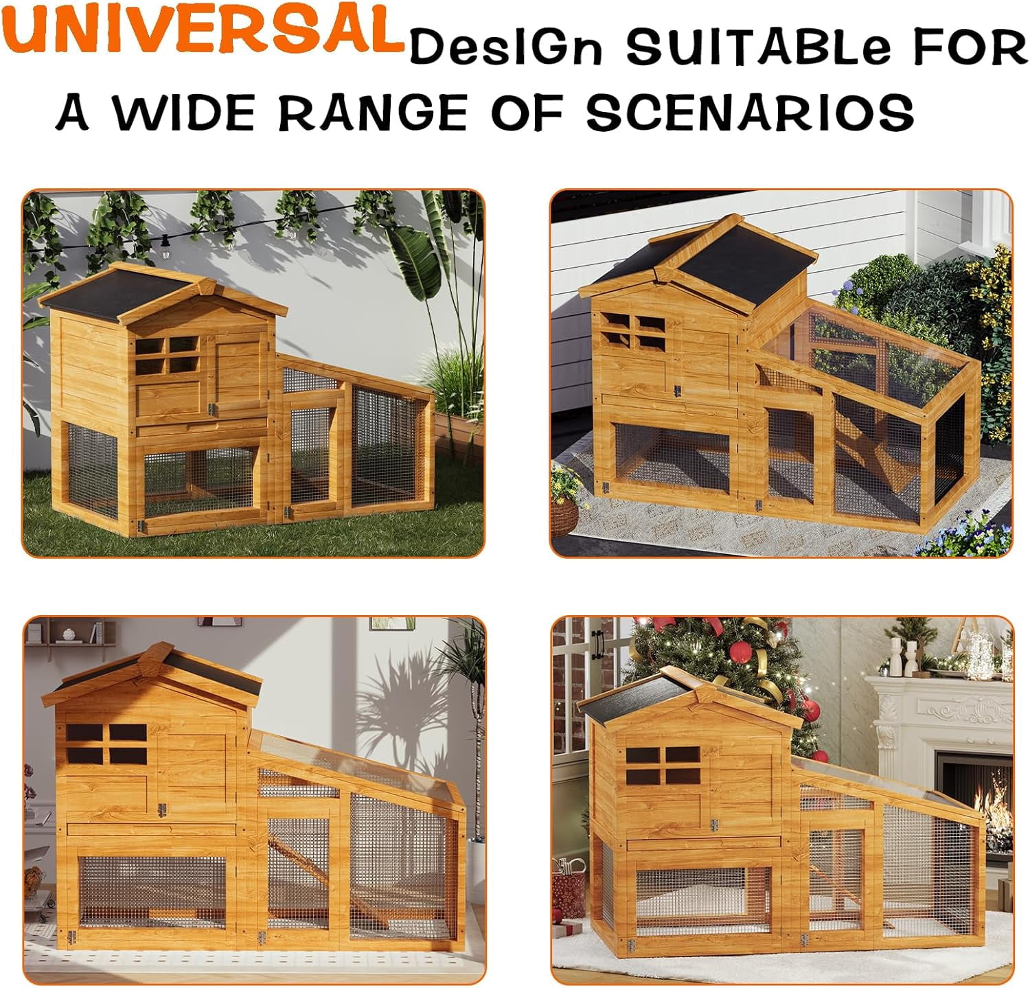 Wooden Rabbit Hutch Indoor and Outdoor, Large Rabbit Cage Chicken Coop Expandable, Weatherproof Bunny Cage with Anti-Chew Metal Frame Ramp for Backyard Small Animals, Natural