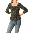 thumbnail image 6 of Allegra K Women's Floral Square Neck Long Sleeves Tie Waist Blouse, 6 of 7