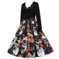 thumbnail image 2 of QLEICOM Halloween Costumes, Vintage V Neck 1950s Housewife Evening Party Prom Dress for Women, Retro Swing Cocktail Party Dress, Halloween Skull Print Long Sleeve Slim Dress D S, 2 of 3