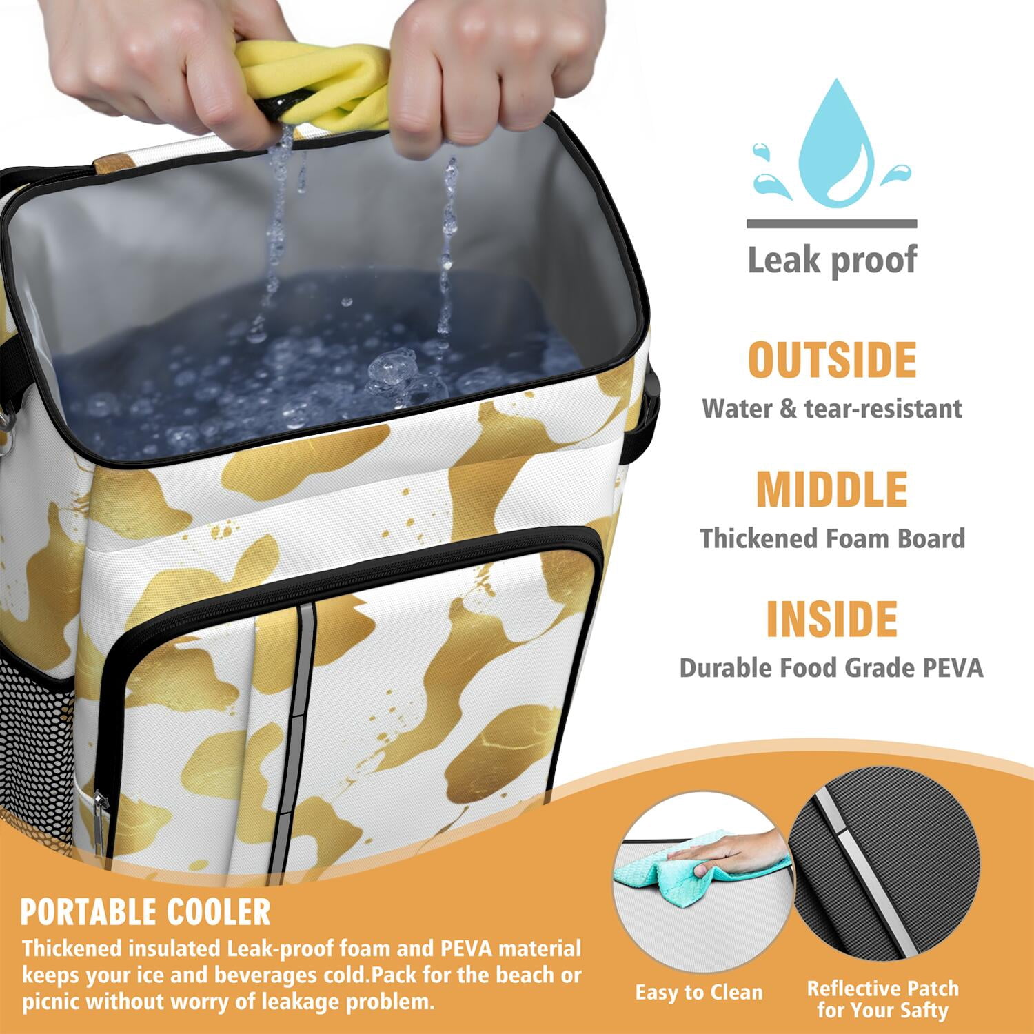 Travel Cooler Bag - Gold and White Marble Camping Beer Cooler Backpack with Bottle Opener- Waterproof Insulated Picnic Backpacks - Cooler Bag for Beach
