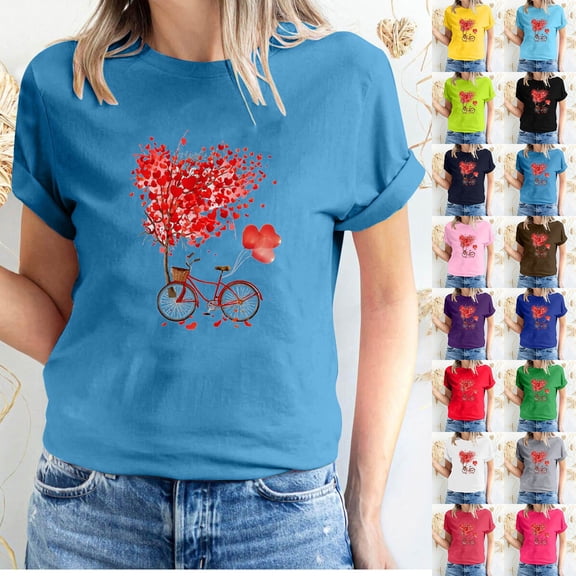 Fesfesfes V Neck Tshirt Women's Valentine's Day Love Printed Short Sleeved T-shirt Top Short Sleeved Round Neck Top/Shirt Layering Shirts for Women M(US:6)