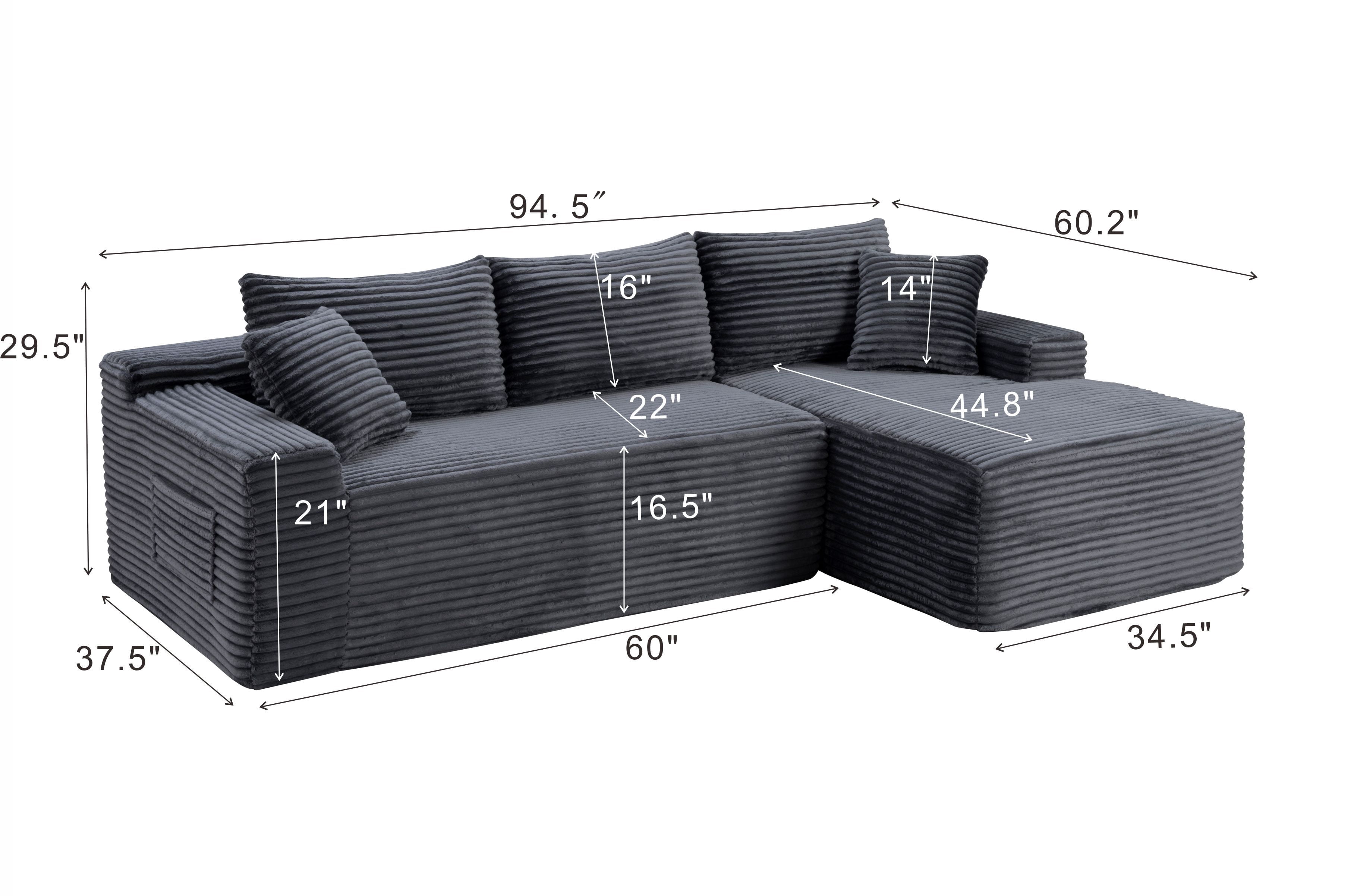 avobird 94.5" Cloud Modular Sectional Sofa Couch with Left Side L-Shape Chaise,Modern Corduroy Upholstered Couches for Living Room Bedroom,Deep Seat Corner Couch, Gray