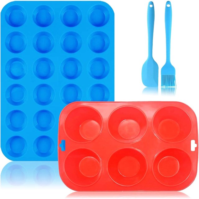 ORUYROP Muffin Pans Nonstick 6 and 24 Large Mini Cups Silicone Tray Tins with Brush Spatula Value Set Reusable Easy Clean Baking Molds Regular Size Molds Red Blue for Toaster Oven (1 X 6 Cups