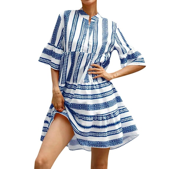 Xuanfei Women Striped V Neck Flare Half Sleeve Swing Boho MIni Dress