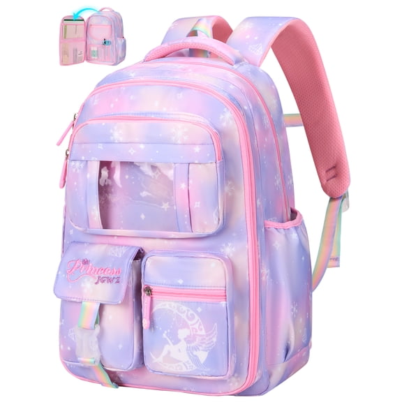 DAKIMOE School Backpack Book Bags Primary Middle School Bags for Kids Girls Teens Back to School Large Bookbags with Multi Pocket for 7-14 Years Purple