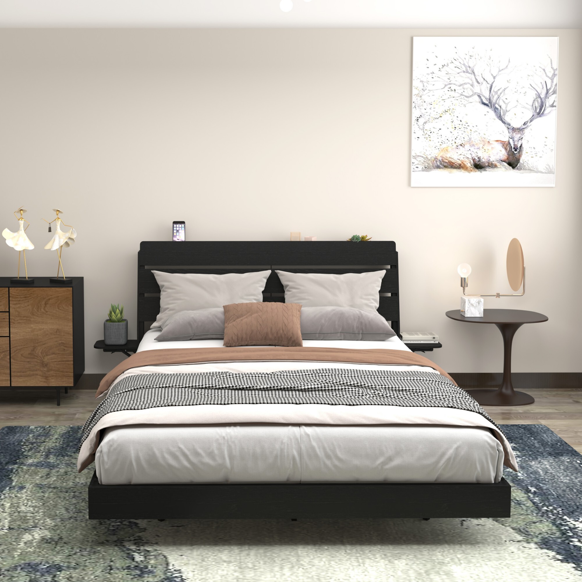 AENKYO Floating Design Queen Bed Frame with LED Lights, Foldable Tabletops, Storage Headboard with USB Charging, Black