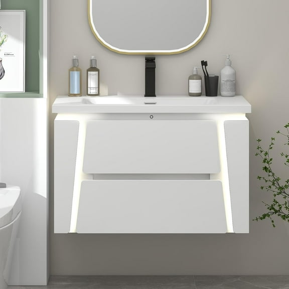 PULUOMIS 36" Bathroom Vanity with Sink Combo, Floating Bathroom Vanity with LED Light, Wall Mounted Bathroom Vanity Cabinet, Undermount Sink Without Faucet Drain, Painted Surface, White