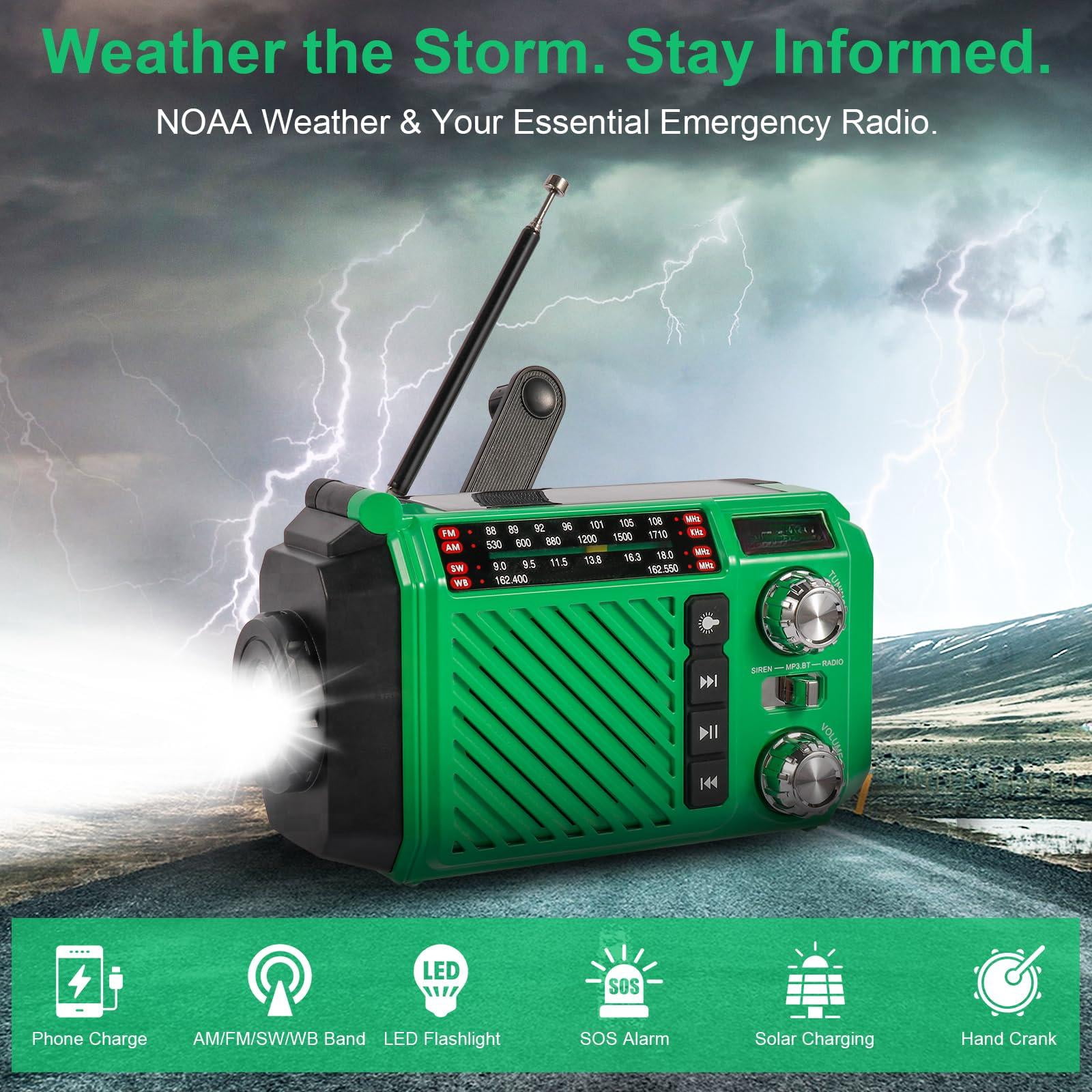 Hand Crank Emergency Weather Radio With 2600mah/9620mwh Power  Noaa Am Fm Shortwave Portable Solar & Usb-c Charging Flashlight Sos Alarm For Kits (green)