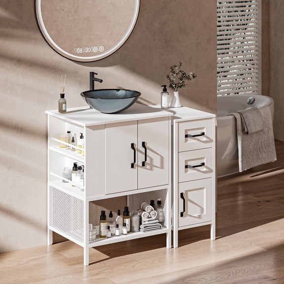 VNN Bathroom Vanity with Sink - 36 Inch Bathroom Vanity with Sink, Open Shelves and 3 Storage Drawers Side Cabinet, Modern Iron Wood Cabinet with Countertop Tempered Glass Vessel, White