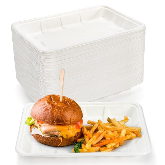 100 Pack 9 Inch Rectangle Paper Plates, 9 x 7 Inch Disposable Food Trays, White Bagasse Paper Dishes, Heavy Duty Deep Plates for Tacos, Dessert, Snack, Salad, Pasta, Camping Picnic Party Use