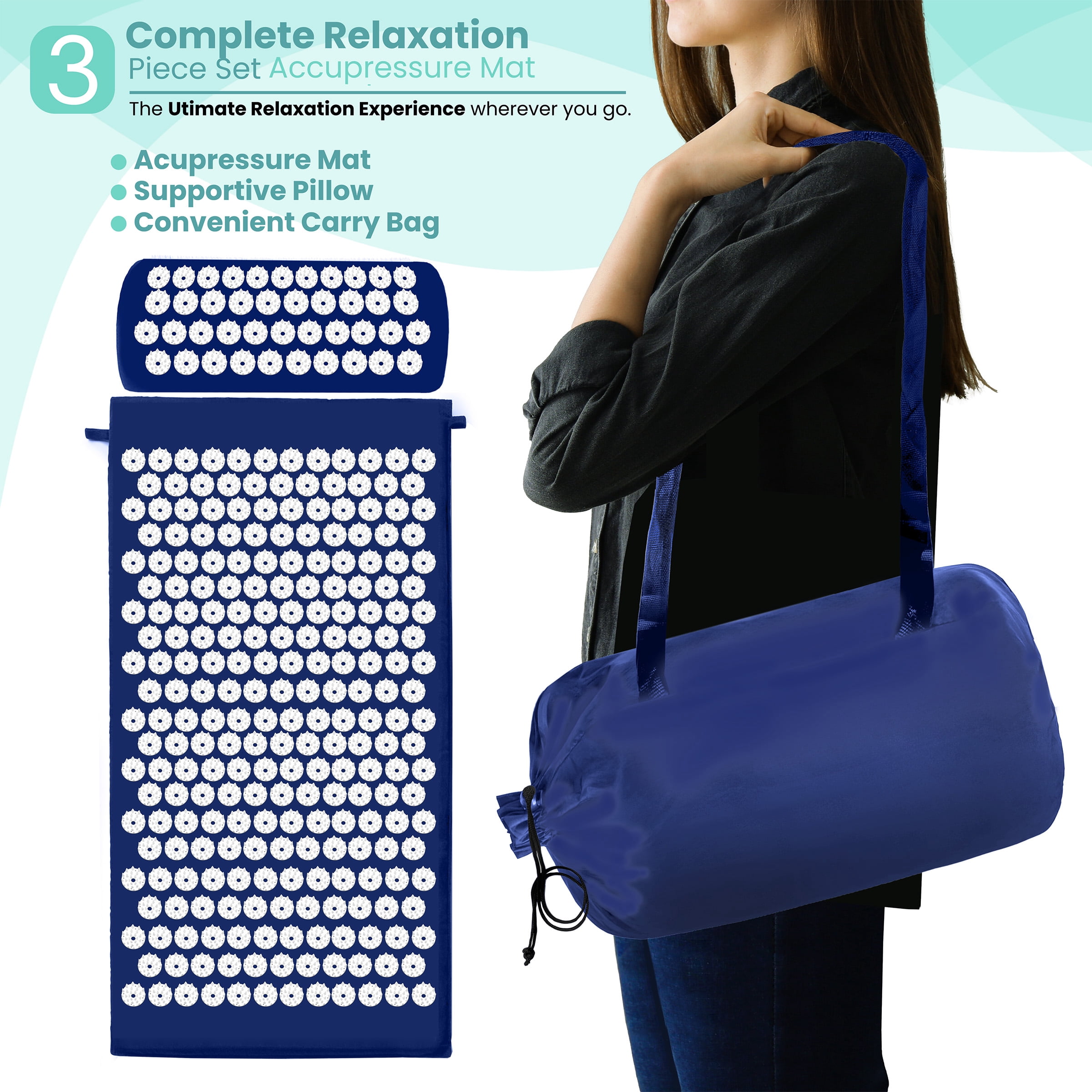 Sivan Health and Fitness Acupressure Mat and Pillow Set - Grounding Mat for Stress, Back & Neck Pain - Acupuncture Point Massage Mat for Muscle Relaxation, Sciatica, & Meditation - Includes Carry Bag