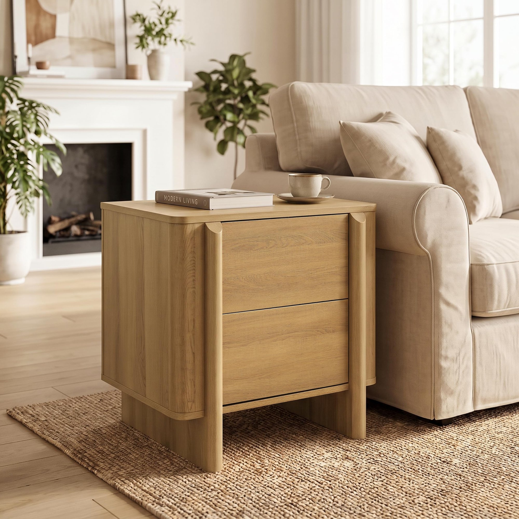 23.5 H Nightstand with 2 Drawers Japandi Style Oak-Look Bedside Table
