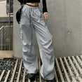 thumbnail image 4 of Lovskoo Cargo Pants Women High Waisted Cargo Pants Combat Trousers Wide Leg Casual Pants 6 Pockets Light Blue M, 4 of 7