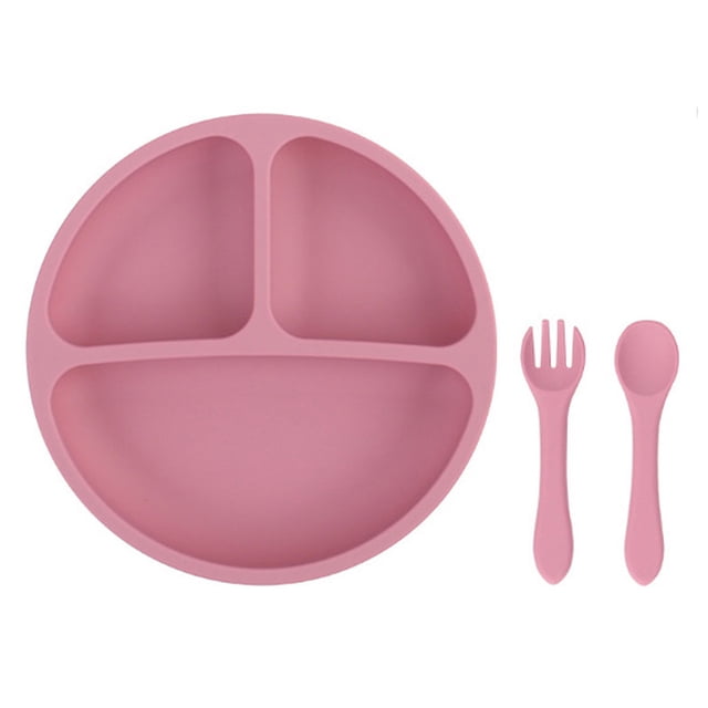 plato llano platos de silicona para bebés, niños pequeños, plato de autoalimentación para bebés con cuchara y tenedor de silicona, sin bpa, diseño dividido, apto para lavavajillas y microondas abanopi plato llano Conjunto lila visto desde arriba: plato redondo dividido en 3 secciones con bordes elevados y superficie lisa, cuchara y tenedor de silicona a juego; especificaciones indican tamaño 20 x 20 x 3 cm y aptitud para microondas y lavavajillas según el fabricante; suele usarse también para comidas de viaje por su base estable.