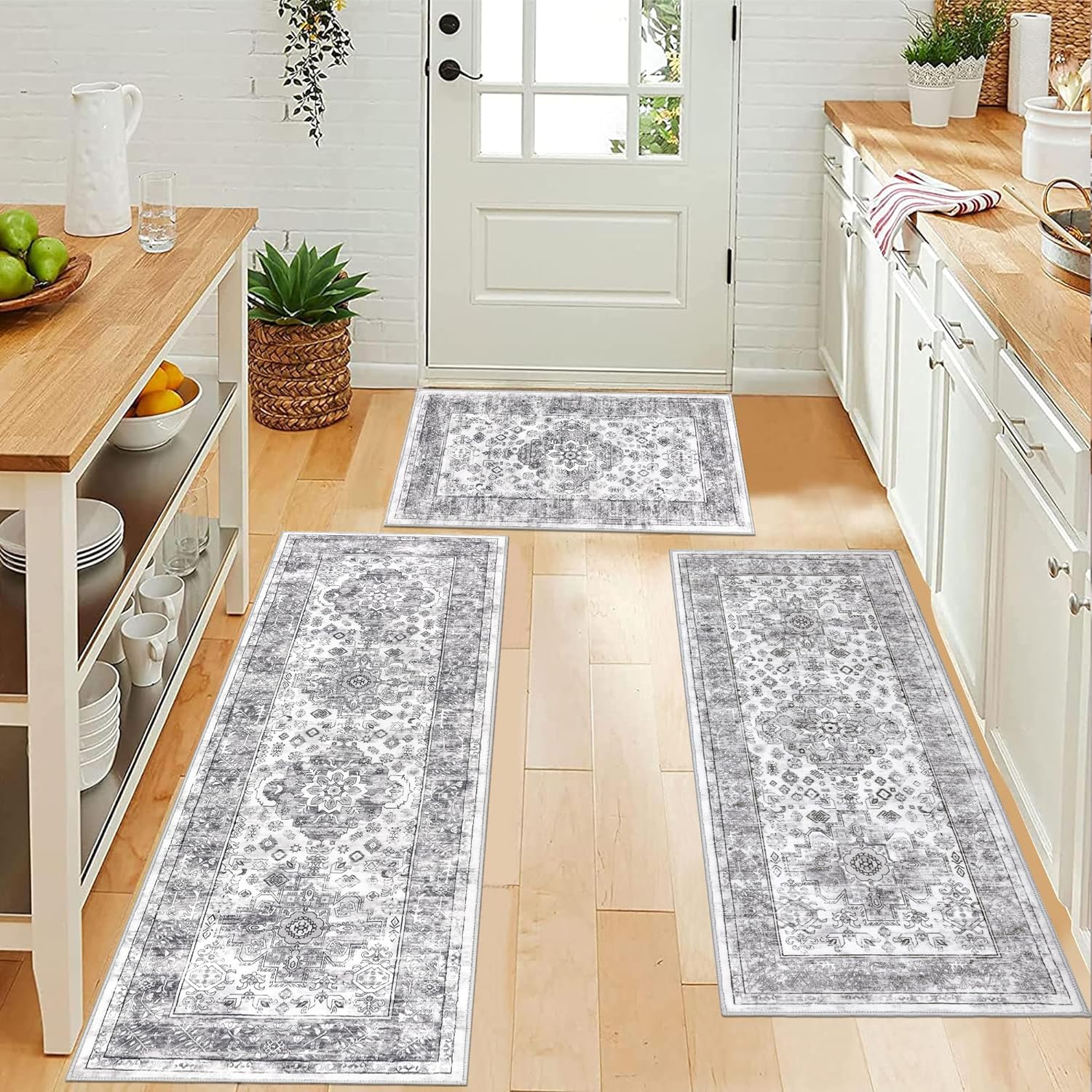 Kitchen Rug and Mat, Yamaziot Kitchen Runners Rugs Set of 3, Washable Non Slip Farmhouse Hallway Laundry Room Mat for Floor, Comfort Vinatge Boho Carpet