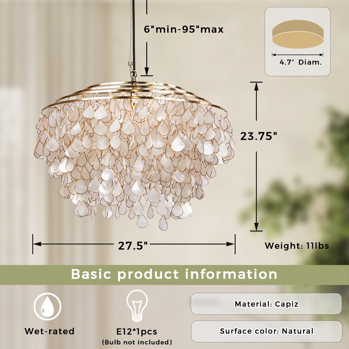 Handcrafted Capiz Shell Brass finish Chandelier , Versatile sizing Artisanal , light fixtures for dining room , living room chandlier , ceiling lamp for bedroom
