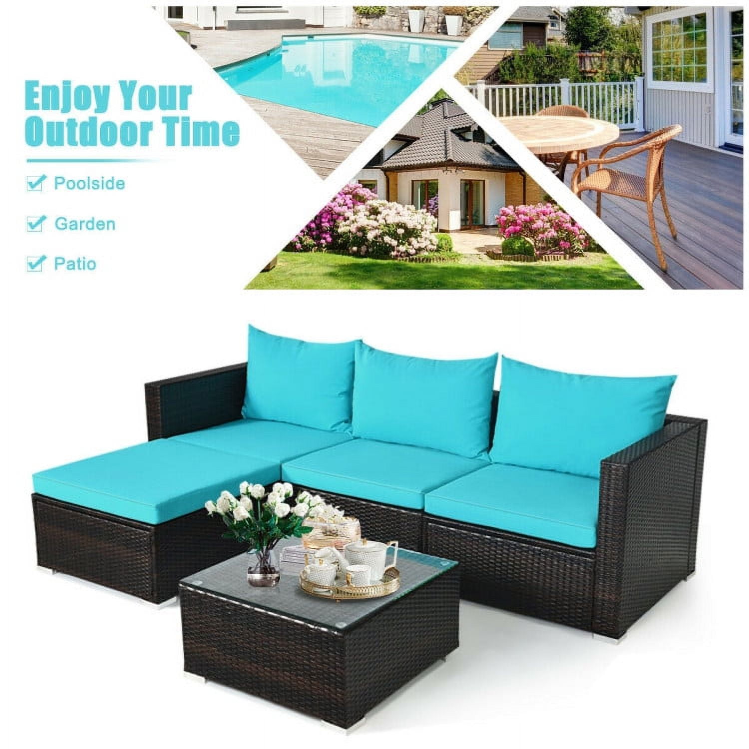 Aimee Lii 5 Pieces Patio Rattan Sectional Furniture Set with Cushions and Coffee Table, Outdoor Deck Furniture, Turquoise Aimee Lii 5 Pieces Patio Rattan Sectional Furniture Set with Cushions and Coffee Table, Outdoor Deck Furniture, Turquoise