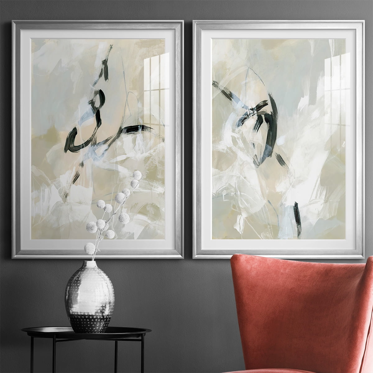 Wexford Home Scribble Veil I Premium Framed Print, 22.5" x 30.5" - Ready to Hang, Silver (Set of 2)