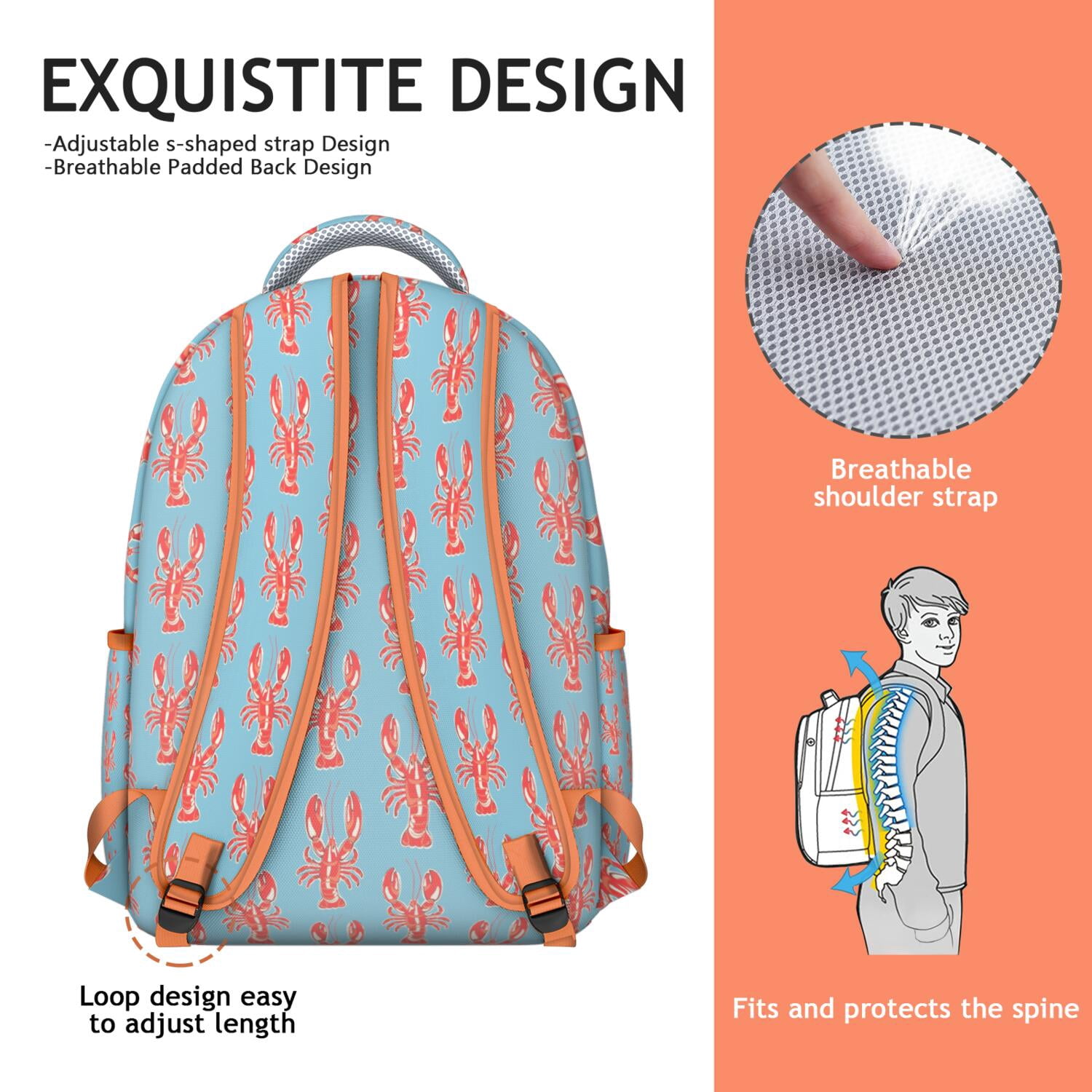 Waterproof Lobster Design School Backpack - Ergonomic Student Backpack with Spinal Support, Breathable Straps & Durable Nautical Bookbag for Teens & College Students