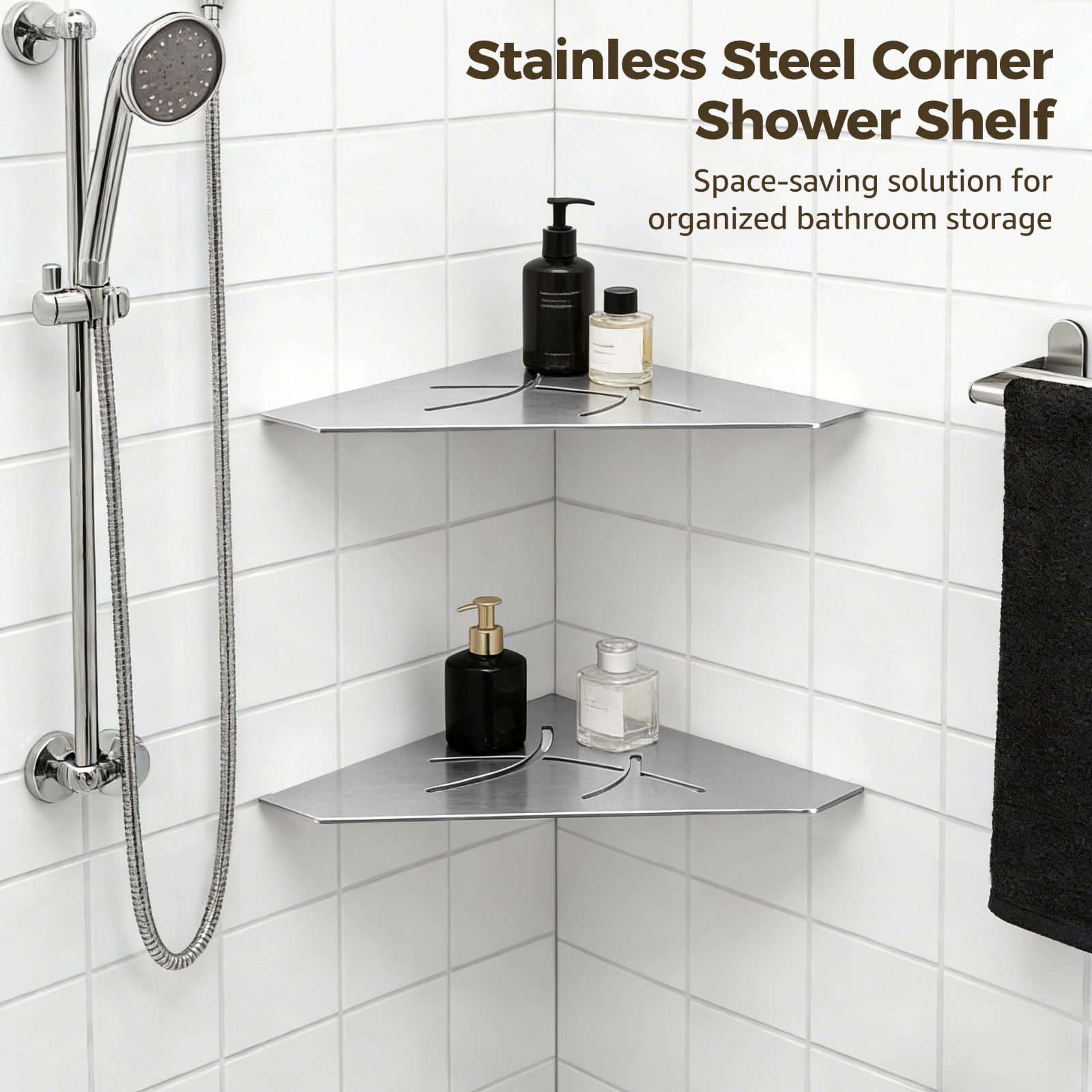 2 Pcs 10 inch Corner Shower Shelf, Large Recessed Tiled Shower Shelf Brushed, Stainless Steel Grouted in Corner Shower Shelves, Grouted Shelf Wall Embedded Organizer for Bathroom