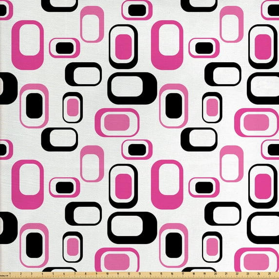 Geometric Fabric by the Yard, Sixties Ornamental Old Fashioned Shapes in Vintage Design Elements Image, Decorative Upholstery Fabric for Sofas and Home Accents, Pink White Black by Ambesonne
