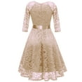 thumbnail image 3 of Jdlsppl Women's Midi Lace Dress V Neck Short Illusion Quarter Sleeve Swing Flowy Billowy Pleated Overlay Luxury Formal Dinner Evening Cocktail Party Homecoming Skater Dress Apricot Large, 3 of 3
