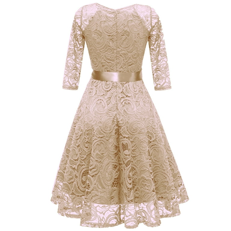 Swsmclt Women's Midi Lace Dress V Neck Short Illusion Quarter Sleeve Swing Dinner Evening Cocktail Party Homecoming Skater Dress Flowy Billowy Pleated