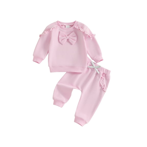 Miaouyo 0-3 Years Toddler Baby Girls Fall Outifts Long Sleeve O Neck Ruffle Trim Bow Tops Drawstring Pants Clothes Sets