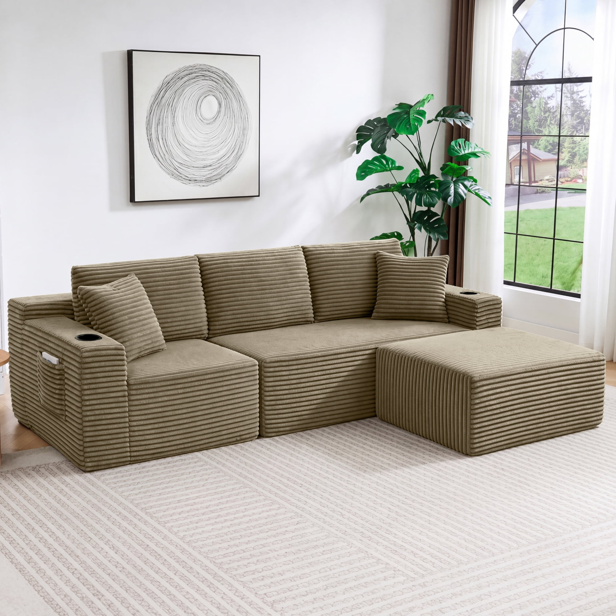 HOQBN L-Shaped Sectional Sofa with Ottoman, Corduroy 3-Seat Couch, Modern Modular Sofa for Living Room Camel