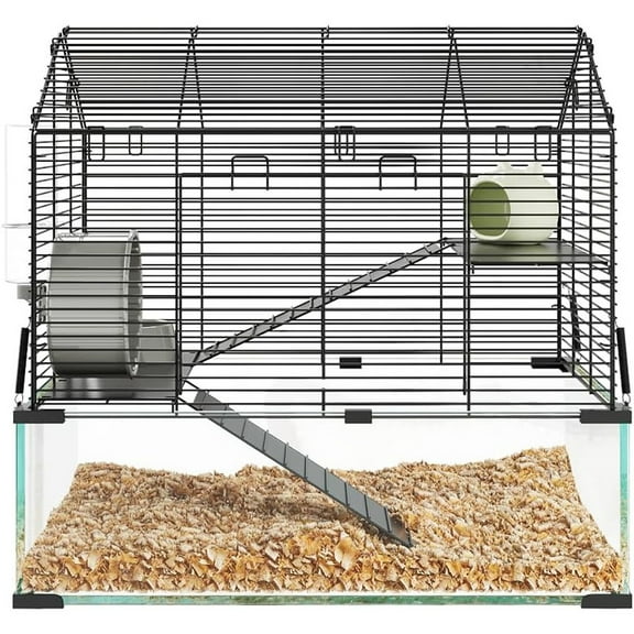 Garvee Large Hamster Cage, 3-Tier Gerbil Cages with Running Wheel, Water Bottle, Food Bowl, Ramps, Portable Hamster House with 7" Deep Glass Bottom