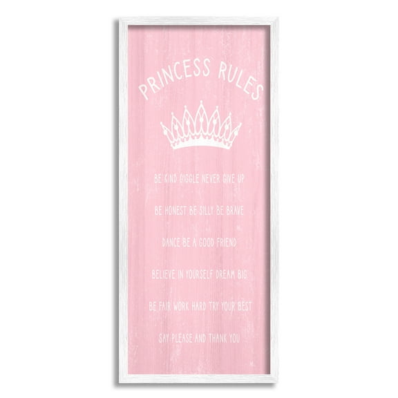 Stupell Industries Pink Princess Rules Sign Kids Motivational Phrases Listed Inspirational Painting White Framed Art Print Wall Art, 13 x 30